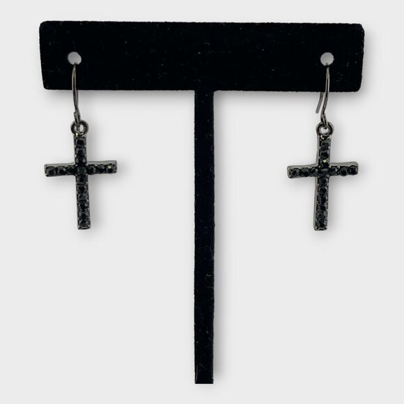 Vintage Black Spanish Crystal Cross Earrings - Picture 4 of 9